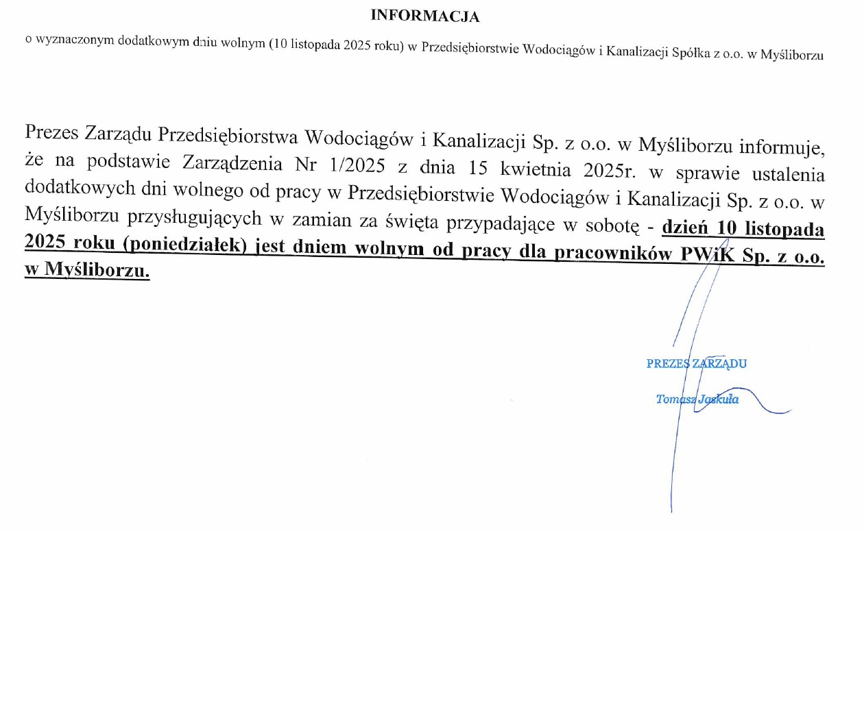 informacja dzien wolny